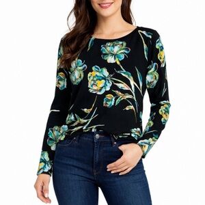 Chico’s Spun Rayon Black Floral Boat Neck Long Sleeve Sweater Size Large
